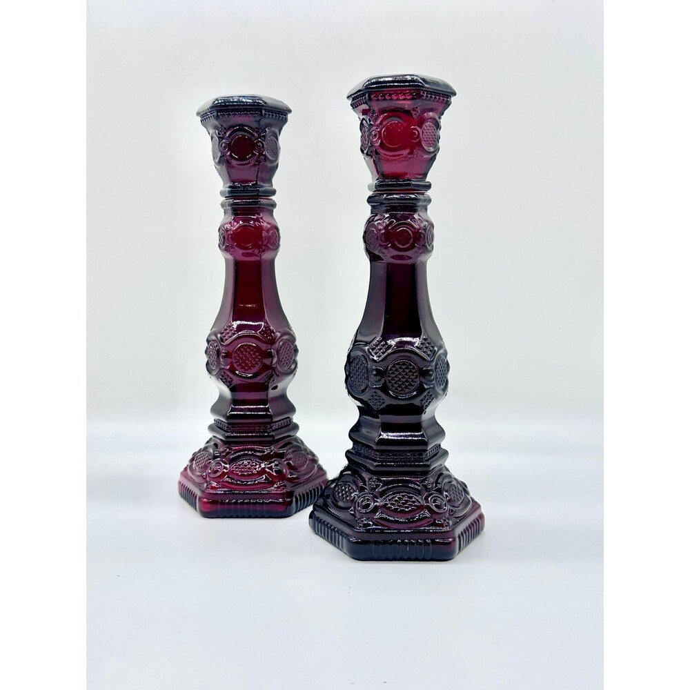 Vintage Avon 1876 Cape Cod Collection Ruby Red glass candlesticks cologne bottle